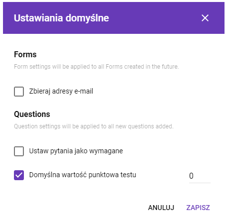 Ustawienia domyślne